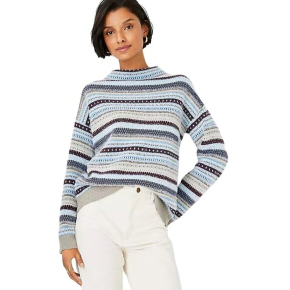 Ann Taylor Sparkle Fair Isle Funnel Neck Sweater Blue Silver Holiday Size S - Picture 1 of 9